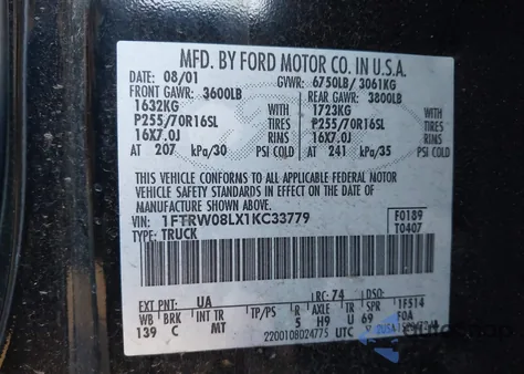 2001 Ford F-150 King Ranch Edition/Lariat/Xlt из США, поврежденный, VIN 1FTRW08LX1KC33779